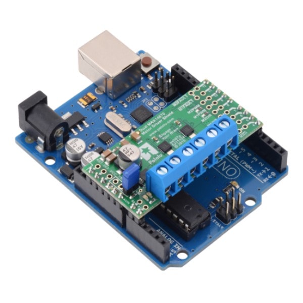 PPPOL2519 Dual MAX 14870 Motor Driver Shield for Arduino fitted on an Arduino Uno