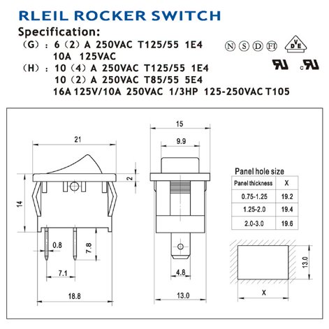 Switch, Rocker, Right-Angle, Panel-Mount Dimensions