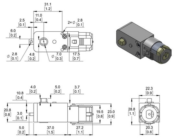 120 to1 Plastic Gearmotor 90 degree dimensions