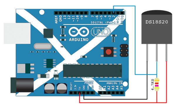 Arduino connected to a one wire temperature sensor DS18B20