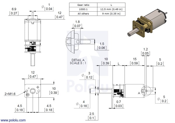 Dimensions of Pololu Micro Metal Gearmotors with precious metal brushes