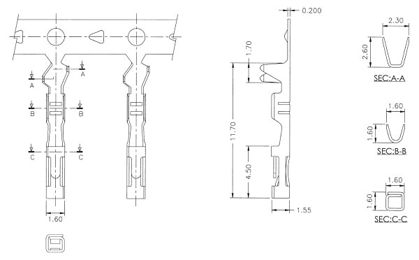 DuPont Female Crimp Pins for 2.54mm (0.1″) Housings (10K Reel) Dimensions