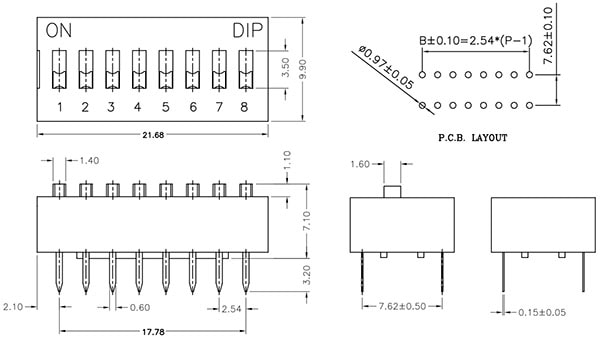 DIP Switch - 8 Position Dimensions