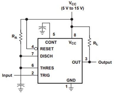 555 Timer connected in monostable operation