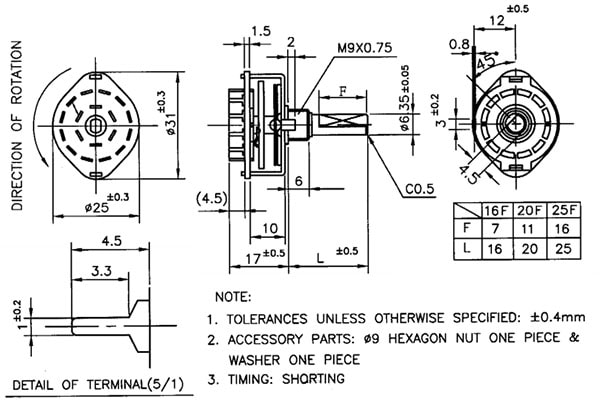 Rotary Switch - 10 Position - Single Pole - Dimensions