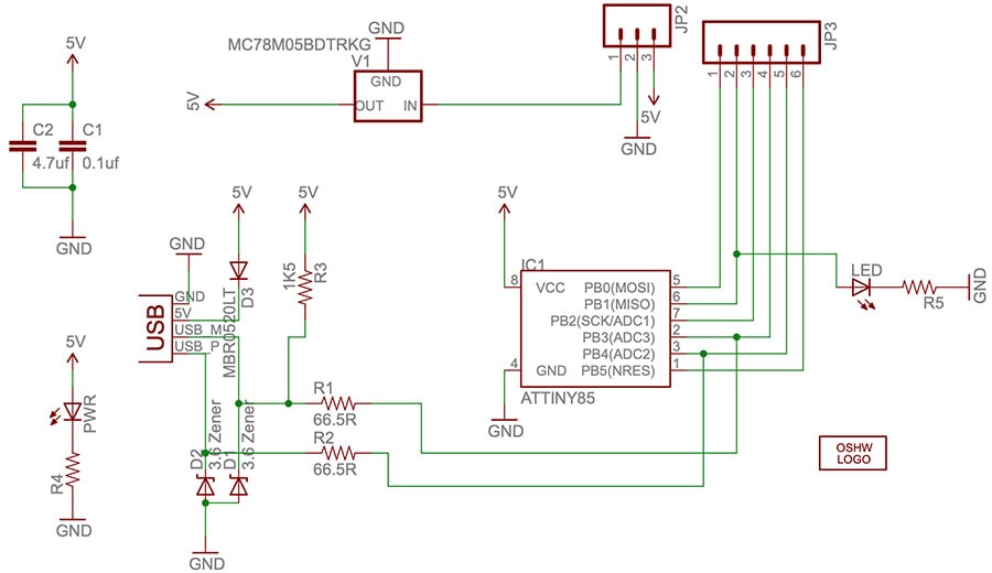 PPDEV-AT85D Digispark Microcontroller Board Schematic
