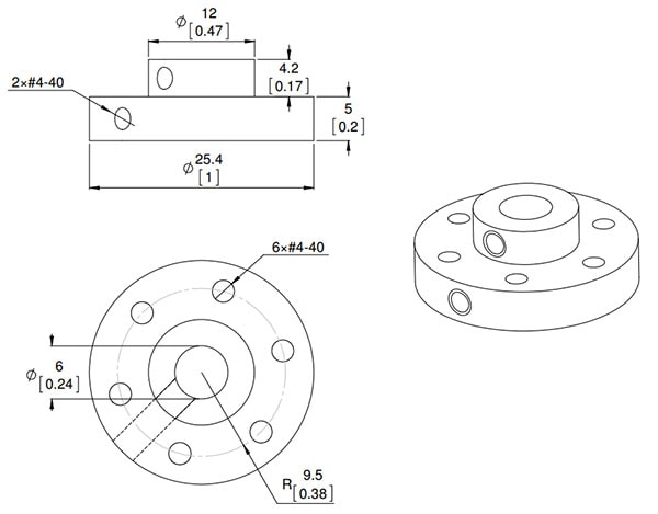 Universal Aluminium Mounting Hub for 6mm Shaft, 4-40 Hole Dimension drawing