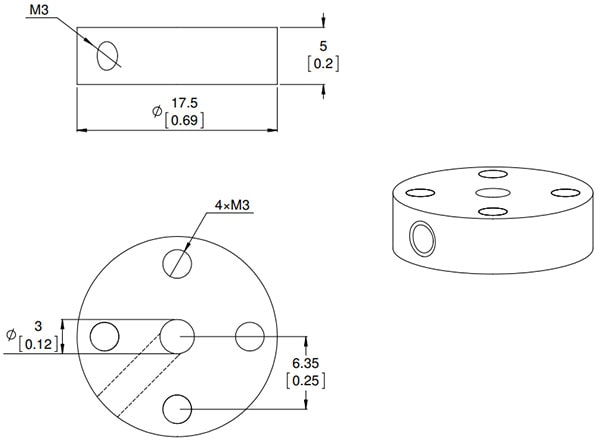 Universal Aluminium Mounting Hub for 3mm Shaft, M3 Holes (2-Pack) Dimension Drawing