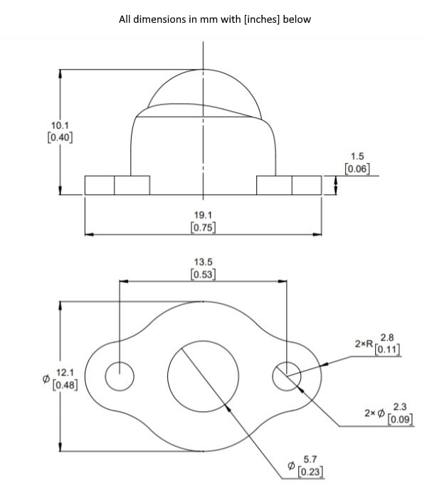 Dimensions Drawing of the ball caster with ball