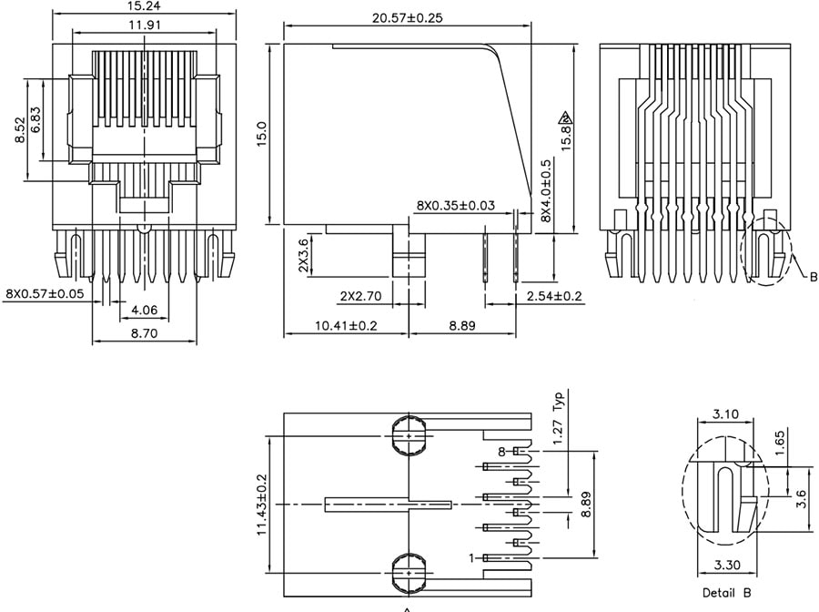RJ45 8-Pin PTH Connector - SparkFun PRT-00643 Dimensions