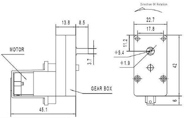 Hobby Gear Motor - 65 RPM (Right Angle) Dimension drawing