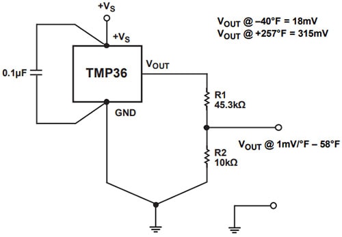 TMP36 Temperature Sensor, Basic Connection Diagram